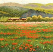 Lucus Torres, a field of poppies with hills beyond, oil on canvas, signed, 11.75