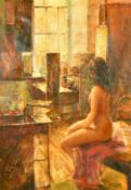 V. Lepret, a female nude in an artist studio, oil on canvas, signed, 35.5