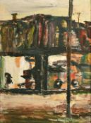 European School, 20th Century, A farm vehicle in an open barn, oil on cardboard, indistinctly