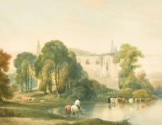 William Havel (1782-1857) British, 'Bolton Abbey', with cattle and horse at the water's edge,