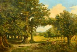 J. Lewis (19th Century) An extensive parkland setting with oak trees, deer and a country house