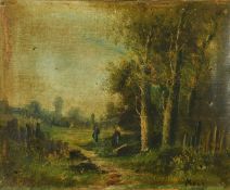19th Century French School, an unframed oil of figures in a woodland glade, 13