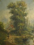Dick, figure approaching a riverside cottage, oil on canvas, signed, 18