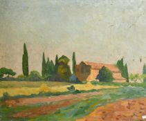 Alfred Lop-Montel, circa 1918, farm building in an extensive landscape, oil on canvas, signed, 21