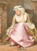 E. Radford, A young lady seated next to a hearth, wearing a pink skirt with a pink and green wrap,