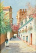 Enrique Roldan (19th Century) Spanish 'Patio de Banderas, Seville' and Figures in an alley, oils
