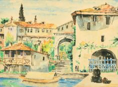 Manos Sofianos, A monastery at Mount Athos, watercolour, signed and inscribed in Greek, 9.5