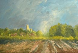 Kip Combes (20th Century), a view of a church tower over ploughed fields, oil on board, signed, 7
