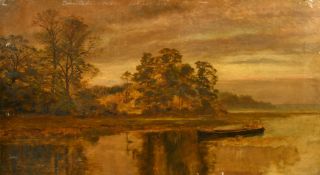 Style of Leader, A tree lined river landscape with a barge, oil on canvas, 18