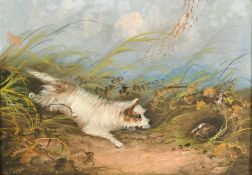 Circle of Armfield, A terrier chasing a rabbit into a hole in the ground, oil on board, 6