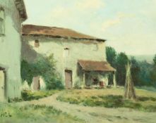 H.E. Lewis (20th Century) British, 'Farmhouse, Sussex', A view of farm buildings, oil on panel,