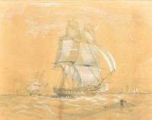 Circle of O.W. Brierly, HMS Pique off the coastline, pencil and gouache, inscribed, indistinctly
