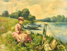 K. Girard, a female artist by riverbank, oil on canvas laid down, 18