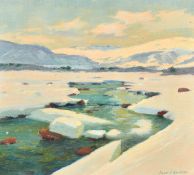 Axel P. Knudsen, A fjord scene with a river and melting snow, oil on board, signed, label verso, 13
