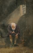 Circle of Erskine Nicol, an elderly man repairing a shoe in an austere interior, oil on