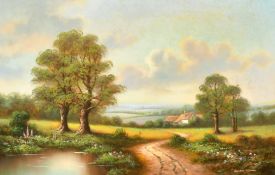 David Ronald (20th Century) A country path bordered by flowers leading to a cottage, oil on