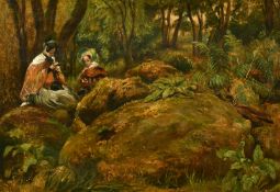 19th Century English School, Female figures in a woodland clearing, oil on board, 10.5