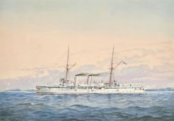 Late 19th / early 20th Century, A Royal Navy steam and sail ship in foreign waters, watercolour,