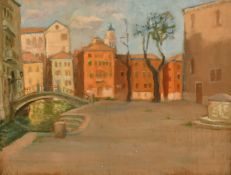 Attributed to Pietro Sansalvadore (1892-1955) Italian, Buildings by a canal, oil on canvas, 13.5