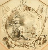 Louis Haghe (1806-1885) Belgian, Sailing Ships of the Line enclosed within a wreath of flags and