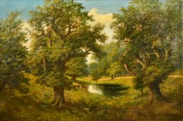 J. Lewis (19th Century) An extensive parkland setting with oak trees and deer by a pond, oil on