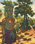 Alauzun, circa 1953, African women carrying fruit, oil on canvas, signed, 18