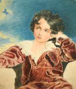 19th Century English School, A young boy in red tunic, watercolour, 6.5