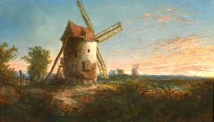 19th Century, Windmills in a landscape with a red and orange sky, oil on canvas, indistinctly signed