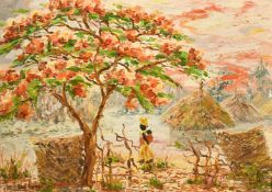 20th Century, African figures in a village with straw hats, oil on board, indistinctly signed, 13.5