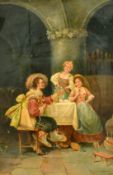 C. Mussard, Early 20th Century, a courting trio in a wine cellar, oil on canvas, signed, 19
