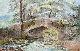 W. Leslie (20th Century) A stone bridge over a rocky stream, oil on board, signed, 13