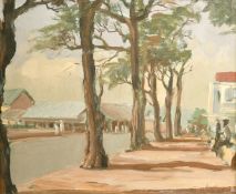 Colonial School, 20th Century, Figures sitting along a tree lined open street, oil on board,