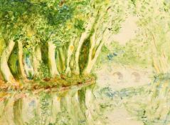 20th Century French School, a view of a stone bridge on a tree lined river, mixed media,