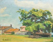 C. Delleil, Circa 1933, buildings in a summer landscape, oil on panel, signed and inscribed verso,