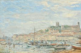 Constantin Font, 20th Century, French School, boats moored in a harbour with a town beyond, oil on