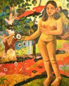 After Gauguin, A female nude in a colourful landscape, oil on canvas, 30