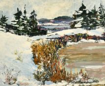 Canadian School circa 1980, 'Rice Lake Peterborough', A winter snow scene by a reeded pond, oil on