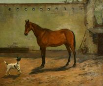Lionel Birch (1858-1930) British, A portrait of a horse and Jack Russell in a courtyard, signed, oil