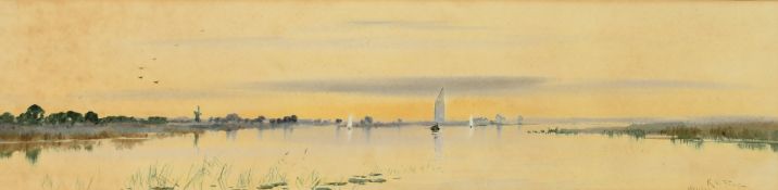 Robert. W. Fraser (1845-1906) British, 'Wroxham', An extensive river landscape with sailing boats