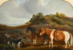 Circle of Morland, a wayfarer resting with dogs and horses in a moorland landscape, oil on board,