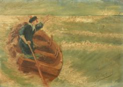 19th Century French School, a figure in a rowing boat signalling to ship on the horizon, oil on