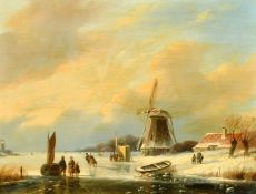 Salomon Leonardus Verveer (1813-1876) Dutch, wayfarers on a frozen waterway, oil on panel, Signed