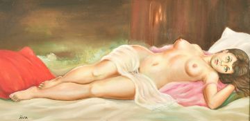 Jiva, a scene of a female reclining nude, oil on canvas, signed, 15.75