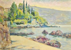 20th Century Continental School, a southern coastal scene, oil on board, indistinctly signed, 13.