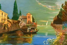 20th Century French School, figures in a gondola, oil on board, signed with initials, M.H, 16.5