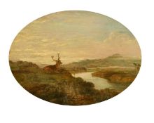 19th Century School, a stag overlooking an extensive landscape, oil on panel, 9.5
