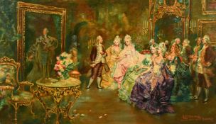 M D Torrance after Salinas, rococo figures unveiling a painting, oil on canvas, signed, 14