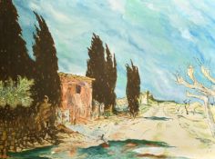 Mid-20th Century French School, a pathway in a Southern Landscape, oil on canvas, indistinctly