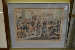 Mad dog in a coffee house, colour etching.