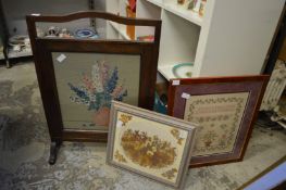 An oak framed needlework fire screen and two other items.